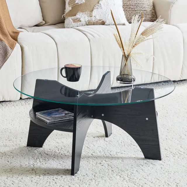 DESMIU Bijzettafel - Ronde Glazen Salontafel Met Fächerstructuur - Voor Woonkamer, Balkon En Slaapkamer - MDF En Veiligheidsglas - Zwart - 80x36 Cm