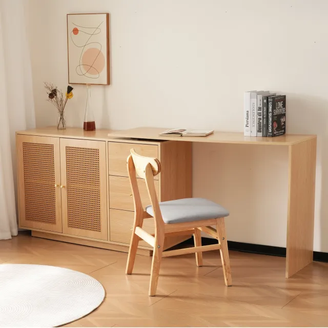 VVBV Hoekbureau 126x40x75 cm – Opbergruimte, Rotan, Rotan Deuren – voor Kantoor – MDF – Naturel hout