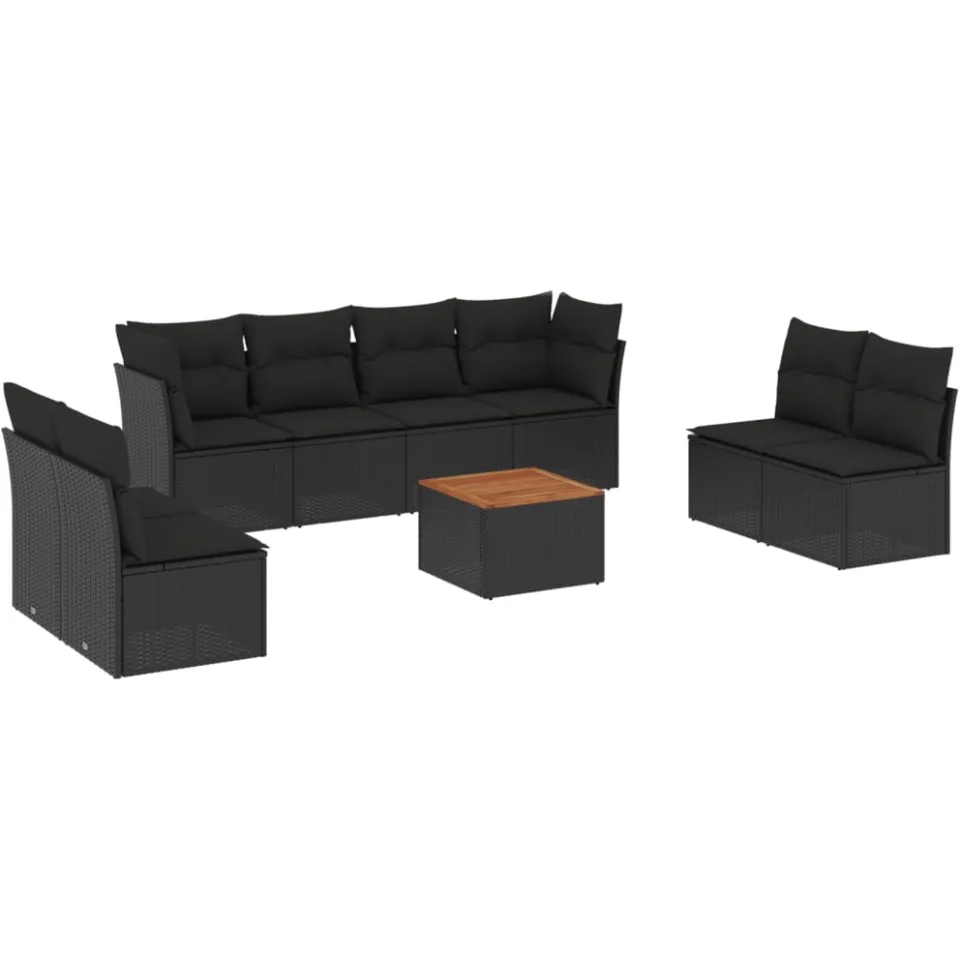 vidaXL 9-delige Loungeset met kussens poly rattan zwart, foto 3