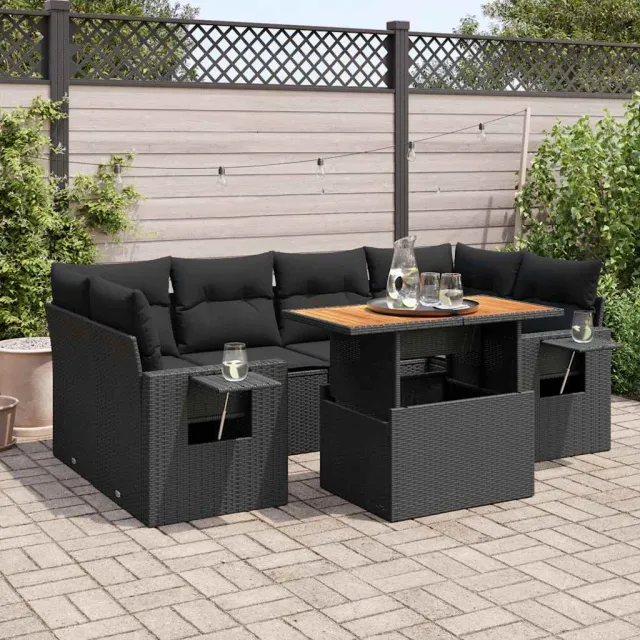 vidaXL 7-delige Loungeset met kussens poly rattan zwart, foto 2