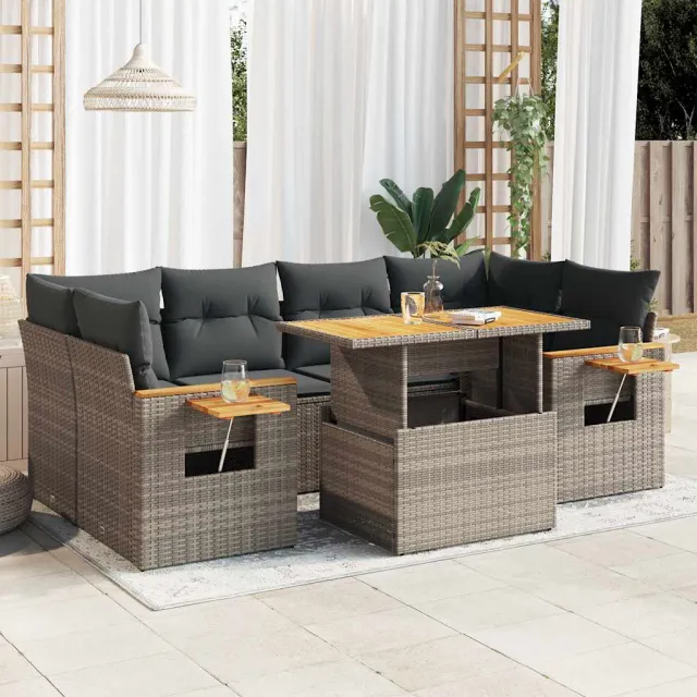 vidaXL 7-delige Loungeset met kussens poly rattan acacia grijs, foto 2