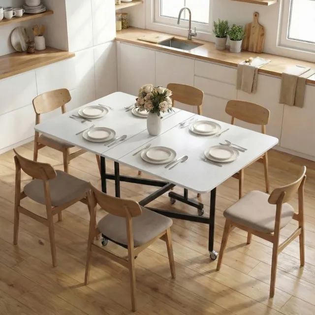 MEUNIQ opvouwbare eettafel 120 x 80 x 73 cm, verrijdbare klaptafel met 6 wielen en remmen, uitschuifbare keukentafel voor tot 6 personen, wit