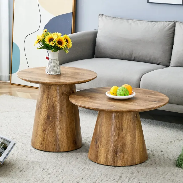 MODFU Salontafelset - Rond - Wabi-Sabi - Voor Woonkamer - MDF - Houtkleur - 50 x 48 cm En 60 x 35 cm