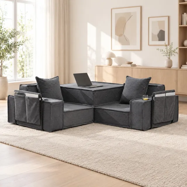 WUVRIE 2-zits slaapbank 162 x 78 x 66 cm - Modulaire bank met zijvakken en bekerhouders - Donkergrijs