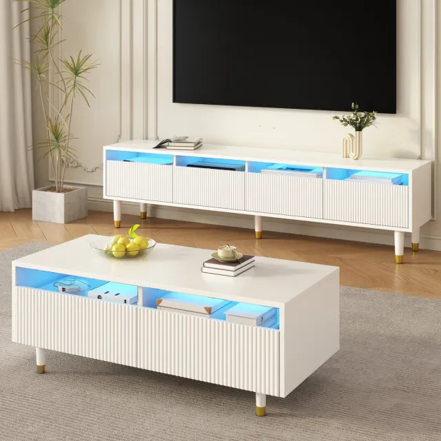 MEUNIQ TV-meubelset en salontafel 2-delig, TV-meubel met 4 deuren en salontafel met 2 lades, LED-verlichting met 7 kleuren, app-bediening, wit