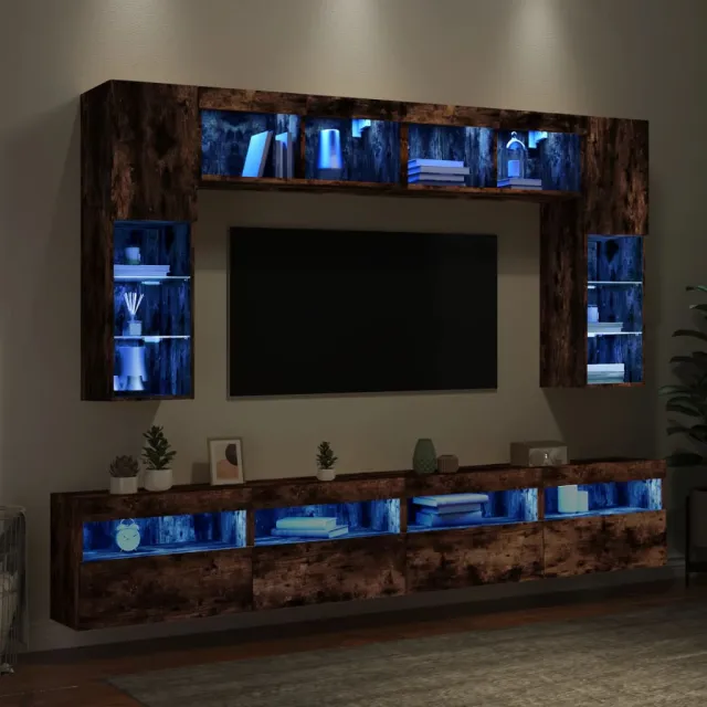 vidaXL 8-delige Tv-wandmeubelset met LED-verlichting gerookt eiken Bruin