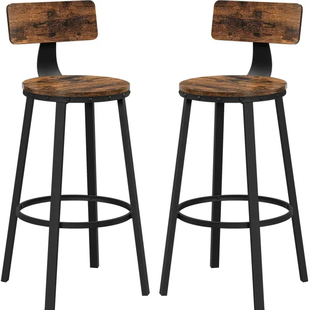 ArtiZo Barkrukken - keukenstoel - industrieel - set van 2 - metalen frame - met rugleuning en voetsteun - zithoogte 73 cm - zitvlak Ø 37 cm houtkleur en zwart