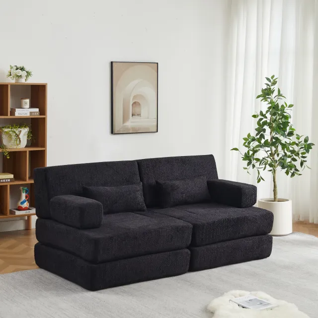 FloraGrace Slaapbank 182 x 90 x 80 cm - Modulaire Tweezitsbank en Logeerbed - Omvormbaar Zonder Gereedschap - Woonkamer - Chenille - Zwart