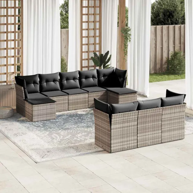 vidaXL 10-delige Loungeset met kussens poly rattan lichtgrijs grijs, foto 2
