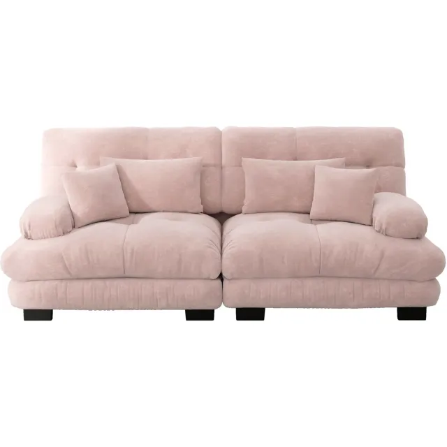 in& out door furniture Cloud Ecksofa voor woonkamer, Chenille hoekbank met 2 lendenkussens en 2 decoratieve kussens, massief houten frame, roze