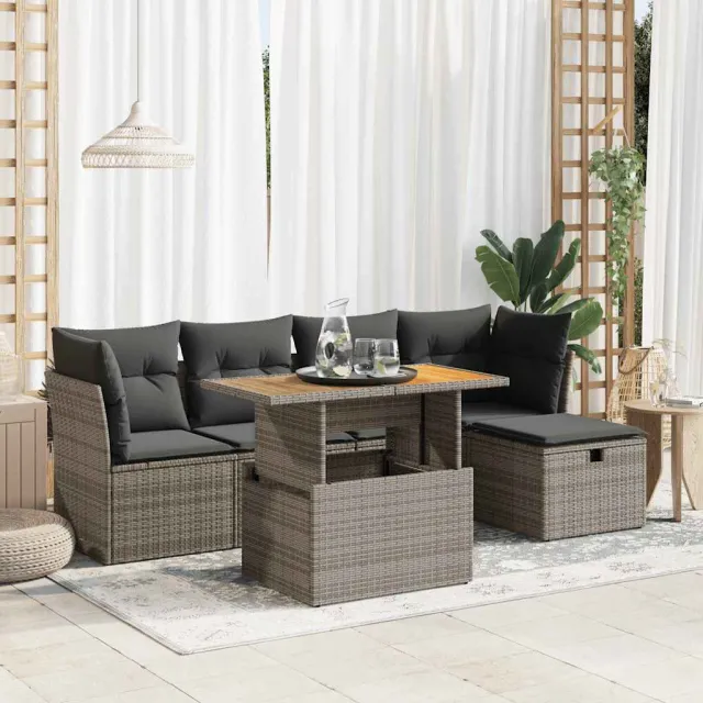 vidaXL 6-delige Loungeset met kussens poly rattan acacia grijs, foto 2