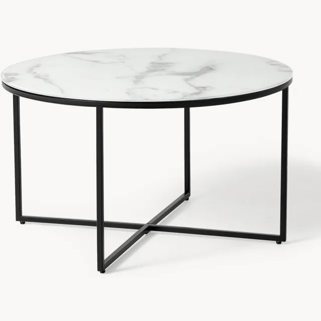 Westwing Collection Ronde salontafel Antigua met glazen tafelblad in marmerlook Wit, Zwart