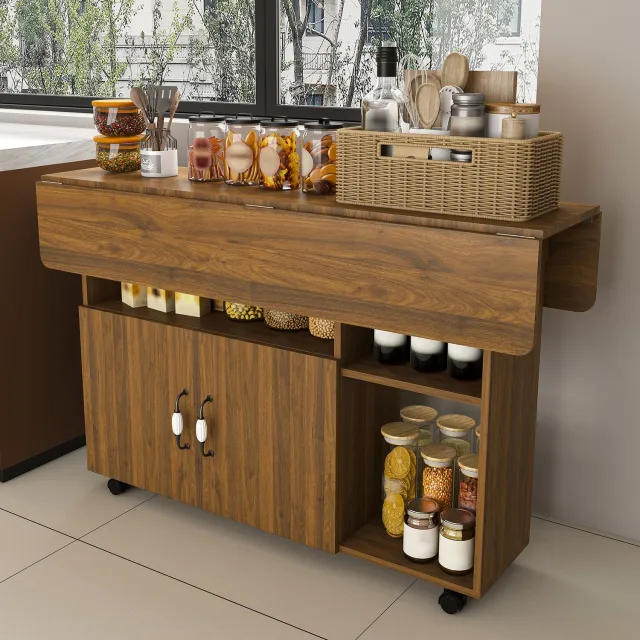FloraGrace Opklapbare Eettafel - Twee Klapbladen en Opbergruimte - Verrijdbaar voor Keuken en Werkplek - MDF - Walnootkleur - 110x70x80 cm