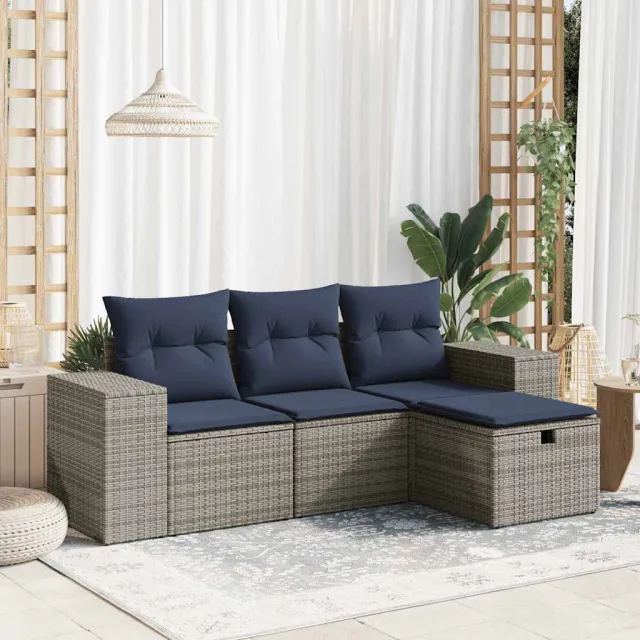 vidaXL 4-delige Loungeset met kussens poly rattan grijs, foto 2