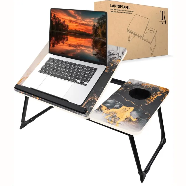 TrueLogic Alpha Bedtafel - Laptoptafel - Laptop standaard - Voor laptops t/m 17 inch - Ontbijttafel - Ontbijt op bed - Midnight Glow Marble Mat Zwart, Wit & Goud