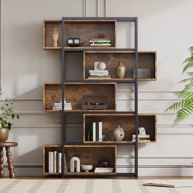 MIVRAY Boekenkast – 5 Etages Open Kast – 121 x 35 x 176 cm – MDF En Staal – Zwart Bruin – Industrieel Voor Woonkamer En Studeerkamer Black+Brown