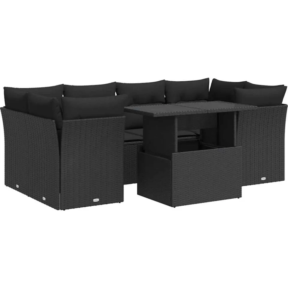 vidaXL 7-delige Loungeset met kussens poly rattan zwart, foto 3