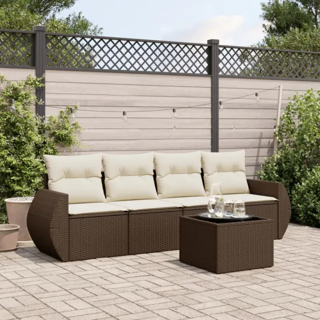 vidaXL 5-delige Loungeset met kussens poly rattan bruin, foto 2
