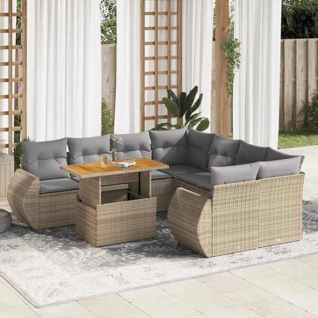 vidaXL 9-delige Loungeset met kussens poly rattan beige, foto 2