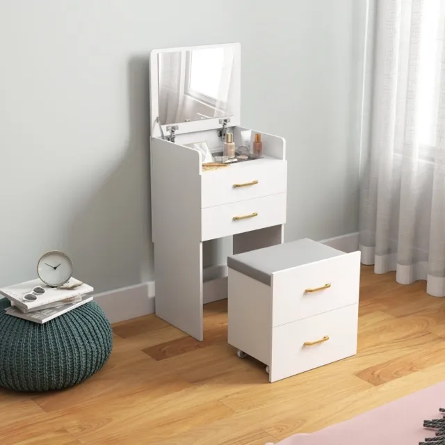 REDOM Kaptafel - Opklapbare spiegel - Met 2 lades en opbergruimte - Met rollhocker - Modern - Slaapkamer - Hout en glas - Wit - 48 x 40 x 90 cm