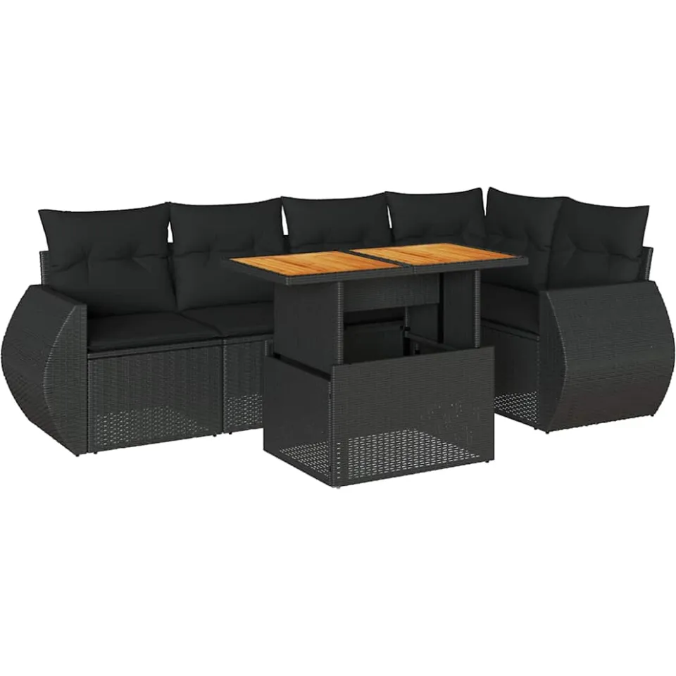 vidaXL 6-delige Loungeset met kussens poly rattan zwart, foto 3