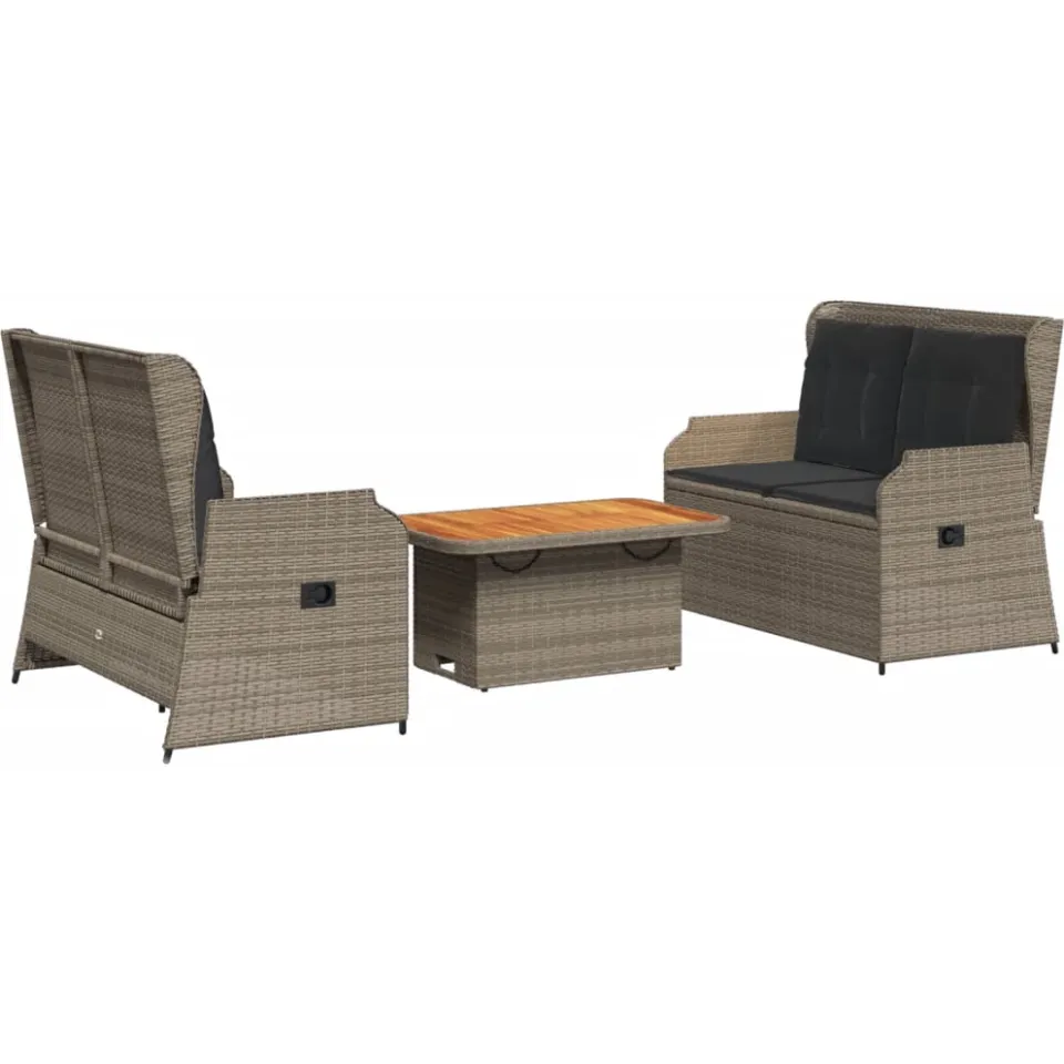vidaXL 3-delige Loungeset met kussens poly rattan grijs, foto 3