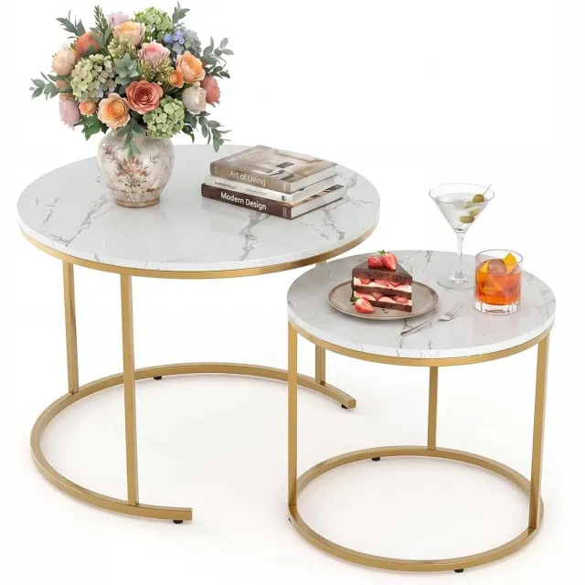 HOERFURIY Salontafel Set van 2 - Nesting Tafels Rond - Marmer Look met Gouden Metalen Frame - Ø 60 cm & Ø 40 cm - Moderne Bijzettafels voor Woonkamer & Slaapkamer wit