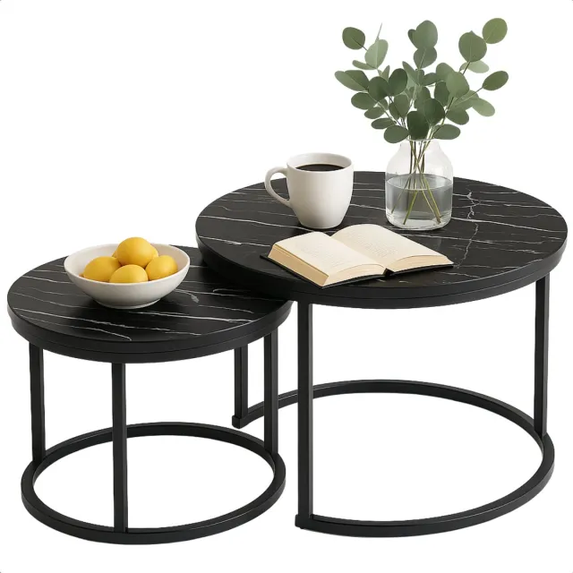 Cheqo Industriële Bijzettafels Set - Modern Design - Bijzettafel Set - Bijzet Tafel - Salontafel Industrieel - Zwart MDF & Metaal