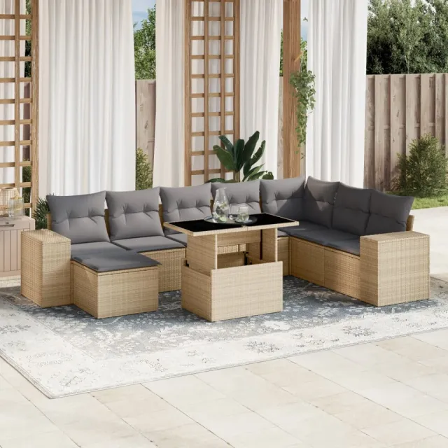 vidaXL 9-delige Loungeset met kussens poly rattan beige, foto 2
