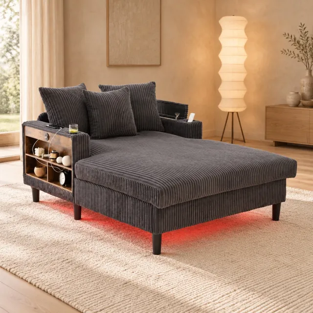 WUVRIE Chaise longue 170x129 cm - Ribstof met LED, USB en opbergruimte - Donkergrijs