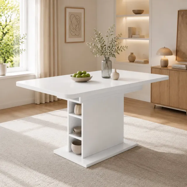 MUVANO Uitschuifbare eettafel wit - Eettafel met opbergruimte - Rechthoekige eettafel - Verstelbaar - Uitschuifbaar - Eetkamer Wit