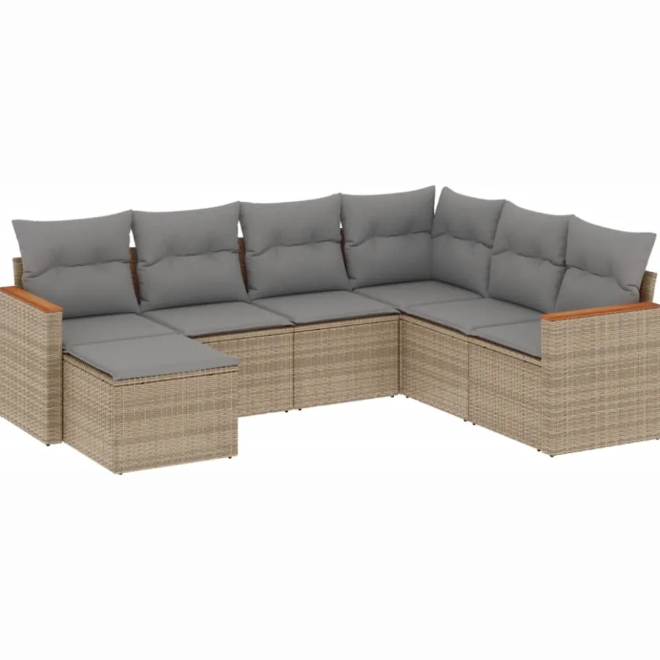 vidaXL 7-delige Loungeset met kussens poly rattan gemengd beige
