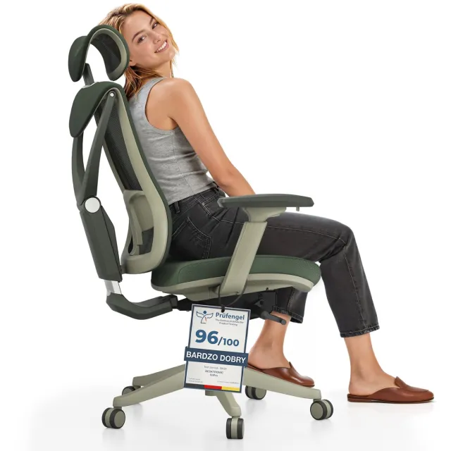 Desktronic SitPro Ergonomische Bureaustoel - Bureaustoelen voor volwassenen - Bureau stoel voor kantoor, gaming - 5D lendensteunsysteem - Armleuningen 4D - Rugleuning 90° tot 135° - heeft BIFMA en .IGR ergonomiecertificering - Groen