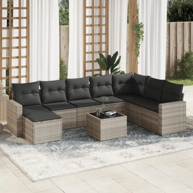 vidaXL 9-delige Loungeset met kussens poly rattan lichtgrijs grijs, foto 2