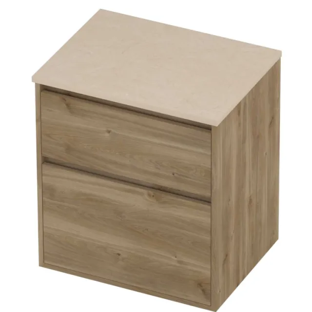 Proline Deck Badmeubelset Hardsteen Greeploos Asymmetrisch Kader 60x46x67 cm Sand Stone Cider Oak Eiken
