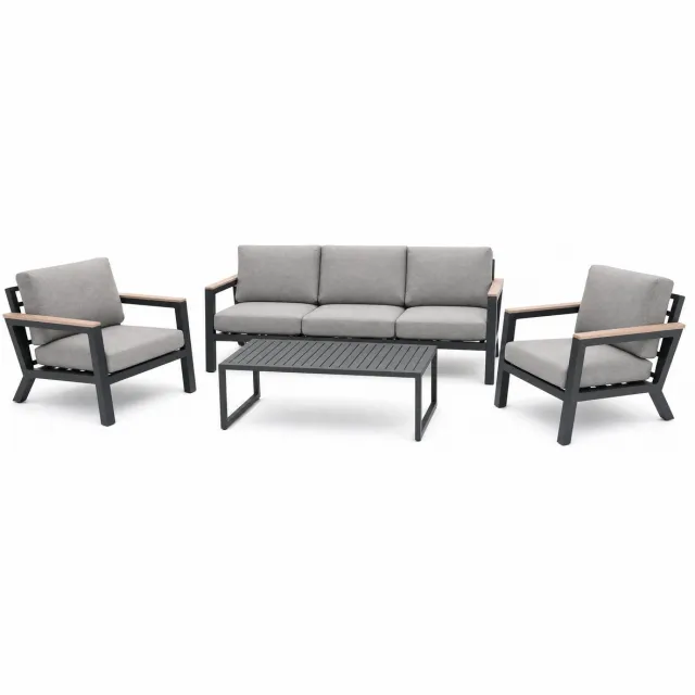 VITA Emerson loungeset - antraciet - 4-delig - met teak look arm - met steldopjes - onderhoudsarm - met olefin kussens - 2 jaar garantie - dubbel gepoederd coat aluminium - grijs/licht bruin kussens