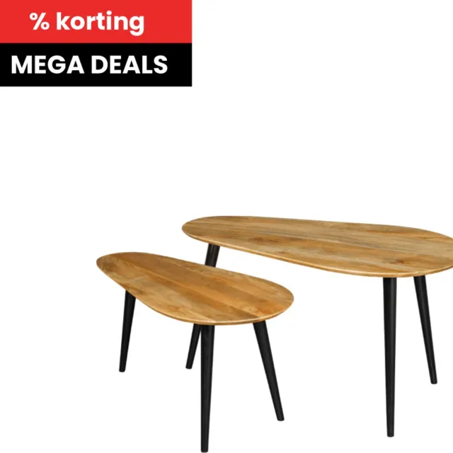 Mahom Mangohouten Salontafels Perugia Mahom - Set van 2 Industrieel - Kleine tafel van Mangohout & Metaal - Industriële Huiskamertafel Bruin