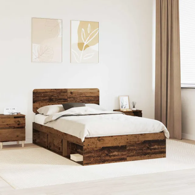 vidaXL Bedframe met hoofdeinde Oudhout 135 x 190 cm Massief grenenhout Bruin
