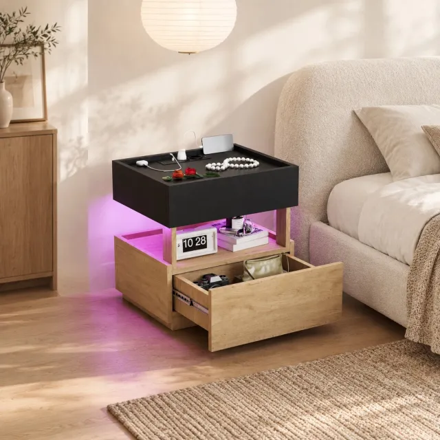 CHICFURN Nachtkastje - Draadloos opladen - 2 lades - Zwart en naturel