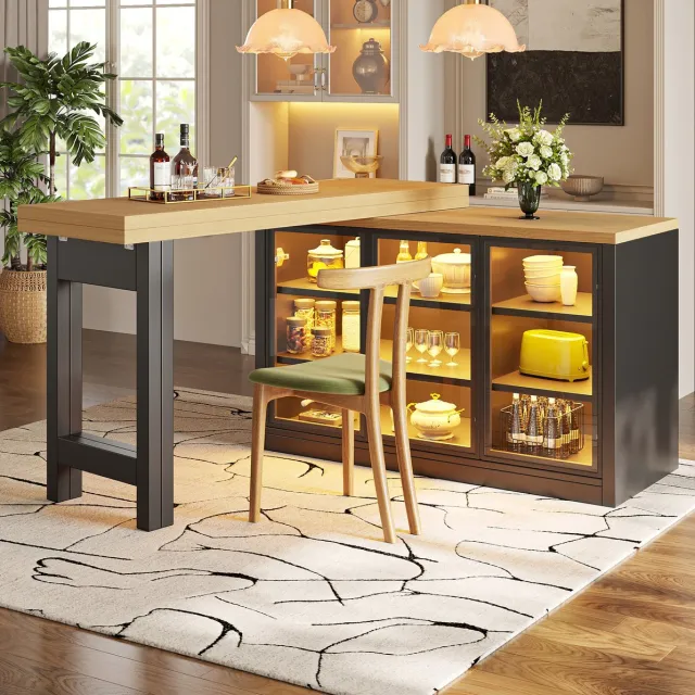 COVREO Eettafel 120-197 cm zwart MDF en glas, met opbergkast en licht