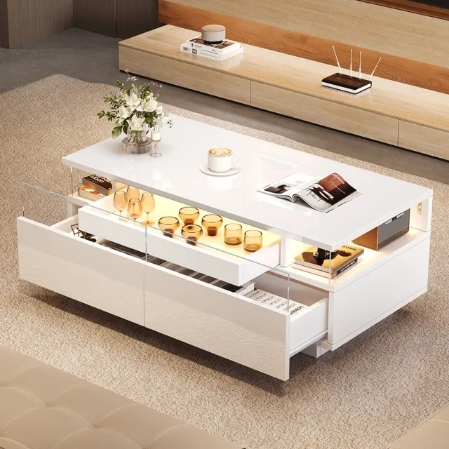 Pugsdrly 90 * 45 * 35,5 cm Salontafel met blad, glanzende salontafel voor de woonkamer, salontafel met 2 lades, bijzettafel van gehard glas, salontafel met ledverlichting, wit