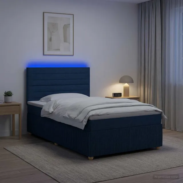 vidaXL LED Boxspring Bed met Matras Blauw 100 x 200 cm Stof