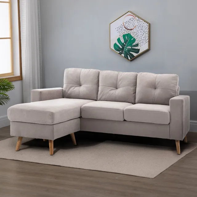 MODFU Hoekbank - 3-Zits - Omkeerbare Chaise Longue - Modern - Voor Woonkamer - Stof Met Linnenlook - Lichtgrijs - 193 x 136 x 85 cm