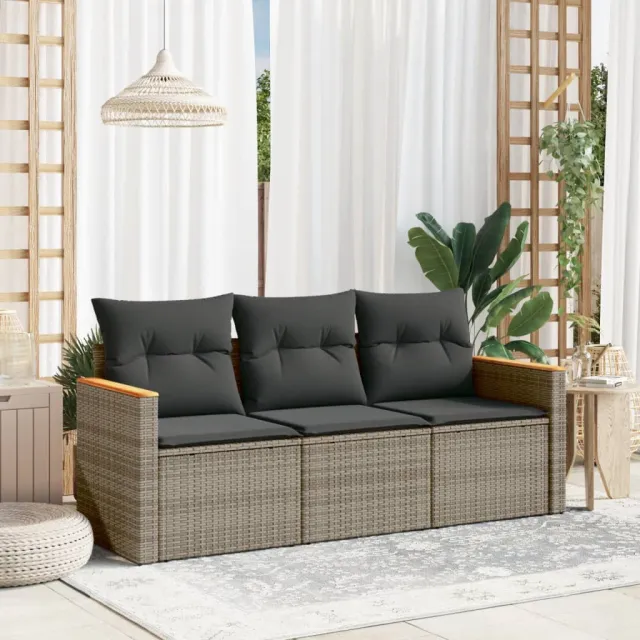 vidaXL 3-delige Loungeset met kussens poly rattan grijs, foto 2