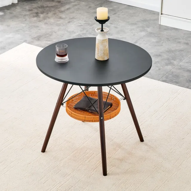 MIVRAY Ronde Eettafel - Compact Voor 2 Tot 4 Personen - Met Opbergmand Voor Keuken En Balkon - Hout En Zwart - 80 Cm Zwart En Walnootkleur
