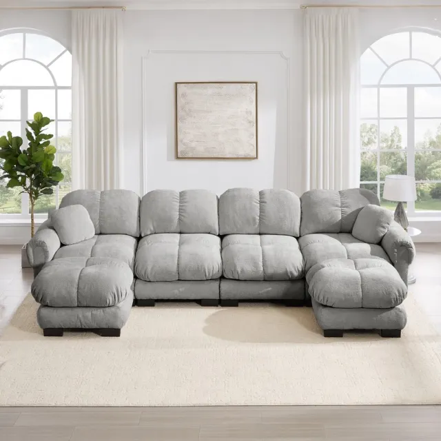 KOMHTOM Hoekbank - U-vormige modulaire bank - Chenille stof - 4-zits met 2 poefs - Lichtgrijs - Ergonomische rugleuning - Woonkamer