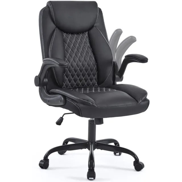 OKWISH Bureaustoel 64 cm – Ergonomische Draaistoel met Hoofdsteun en Opklapbare Armleuningen – Voor Thuis, Kantoor en Gaming – Leer – Zwart