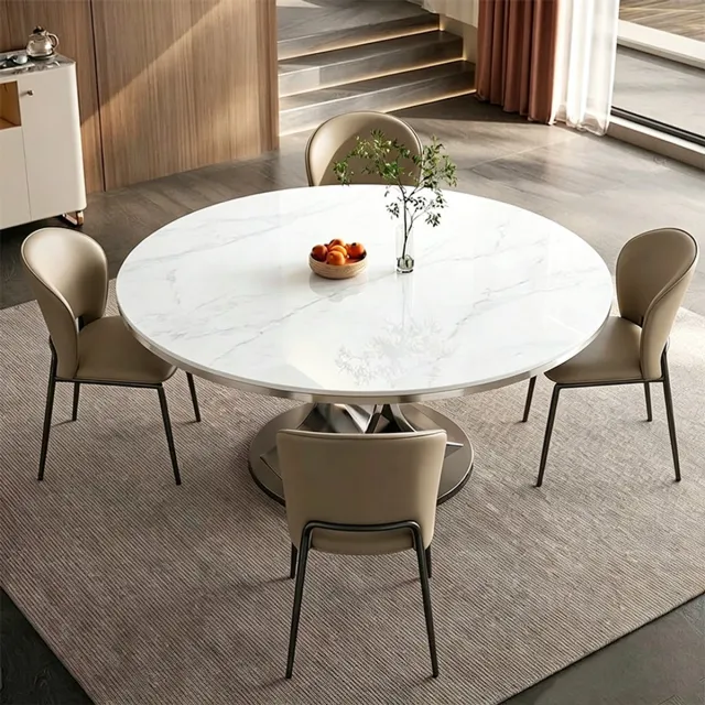 QGT Ronde Eettafel Ø 150 cm - Marmerlook - Koolstofstalen Onderstel - Glanzende afwerking - Onderhoudsvriendelijk - Sintered Stone (Keramiek) 12mm met Metalen Rand - Krasbestendig en Hittebestendig - Geschikt voor 4 tot 6 Personen - Sneeuwwit