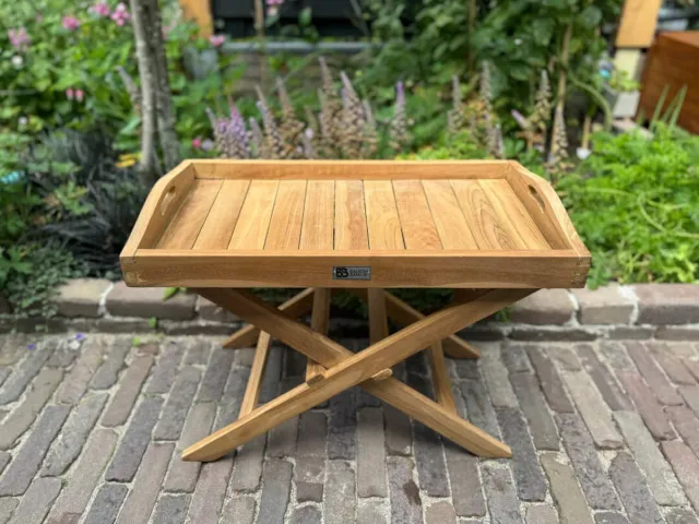 Het Balkonbankje Houten bijzettafel met afneembaar dienblad – Teakhout - 60 x 35 x 41 cm