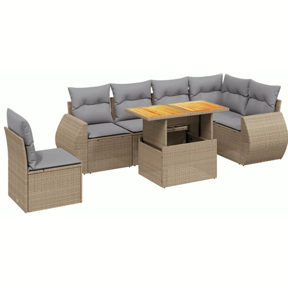 vidaXL 7-delige Loungeset met kussens poly rattan beige, foto 3